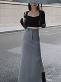 Lilideco Elegant Slit Midi Skirts Women Streetwear High Waist Suit Skirt Office Lady Korean Fashion Grey Black Slim Pencil