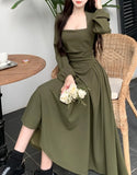 Lilideco  2024 Spring and Summer outfitSummer Elegant Party Casual Lady Long Dresses Retro Folds Puff Sleeves Fashionable Sexy Design Slimming Waist Green Dress