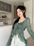 Lilideco Japanese Y2k Lace Shirt Vintage 2000s Style Ruffles Blouses Grunge Aesthetics Irregular Green Shirts Retro 90s Sexy Cardigan