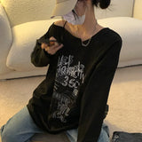 Lilideco Y2K T-shirt Fairy Grunge 2024 Vintage Letter Print Tops Black Autumn Off Shoulder Long Sleeved Korean Tees Loose Harajuku Shirt