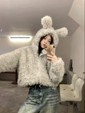 Lilideco 2025 New Lazy Fluffy Rabbit Ears Hoodie Coat Women Y2k Long Sleeve Zipper Tops Mujer Autumn Winter Thicked Warm Jackets