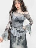 Lilideco Sexy Off Shoulder T-shirt for Women Street Butterfly Print Slim Fit Tee Shirt See Through Mesh Long Sleeve Tops Mujer