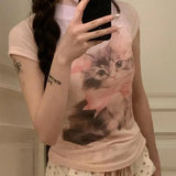 Lilideco Fashion Sweet Cute Cat Print O-neck Pink T-shirts Y2k Grunge Slim Fit Tops Women 2024 Summer New Short Sleeve Tee Shirt