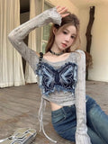 Lilideco Sexy Off Shoulder Long Sleeve T-shirts Y2k Vintage Butterfly Patchwork Tops Women Spring Autumn New Slim Fit Tee Shirt