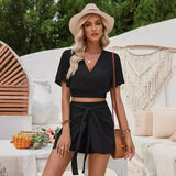 Lilideco Summer Casual Short Sleeved Shorts Set Women's New Lace Up Solid Color Set Two-piece Jumpsuit Skirt Conjunto Moletom Feminino