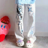 Lilideco Y2K Anime Print White Pants Women Harajuku Manga Subculture Wide Leg Trousers Japanese Style Kawaii Cartoon Sweatpants