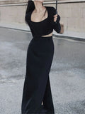 Lilideco Elegant Slit Midi Skirts Women Streetwear High Waist Suit Skirt Office Lady Korean Fashion Grey Black Slim Pencil