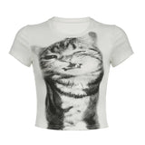 Lilideco Street Cute Cat Print O-neck Short Sleeve Tops Mujer 2024 Summer New T-shirt for Women Y2k Slim Fit White Blusas