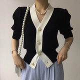 Lilideco Elegant V-neck Black White Cardigan 2024 Summer New Single Breasted Tops Women Y2k Short Sleeve All-match Knitted Sweaters