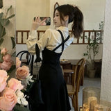 Lilideco 2024 Spring New Lapel Neck Shirts Women+ Vintage Lace Up Irregular Slim Waist Black Strap Dress Y2k E-Girl Two Piece Sets