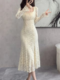 Lilideco  2024 Spring and Summer outfitElegant Chic Bodycon Lace Patchwork Mesh Midi Dresses for Women Autumn Winter New Vintage Slim Casual Party Female Clothing Robe