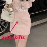 Lilideco Elegant Vintage Long Sleeve Tweed Pink Coat Women+ Y2k High Waist Slim Fit Bodycon Skirts Early Autumn New Two Piece Sets