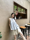 Lilideco 2024 Summer New Halter Blue Blusas Mujer Elegant Simple O-neck Ruched Blouses Y2k E-Girl Sleeveless Loose Shirts Women