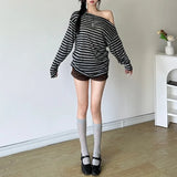 Lilideco 2025 Autumn New T-shirt for Women Sexy Skew Collar Off Shoulder Tees Y2k Grunge Long Sleeve Loose Striped Tops Mujer