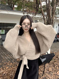 Lilideco Vintage Lazy Cross Knitted Tops Mujer 2024 Autumn New V-neck Lace Up Cardigan Y2k Long Sleeve Slim Fit Sweaters Coat Women