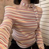 Lilideco American Retro Stripes Scarf Tops Mujer Y2k Sexy Off Shoulder T-shirt for Women 2024 Early Autumn New All-match Tee Shirt