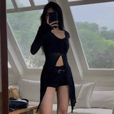 Lilideco Simple Single Breasted Black Tops Women Summer New Sun Protection Mesh Cardigans Y2k E-Girl Long Sleeve Mid-length Blouses