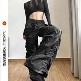 Lilideco Y2K Vintage Folds Wide Leg Trousers Women Diablo Style High Waist Drawstring Full Pants Unisex Bf Baggy Casual