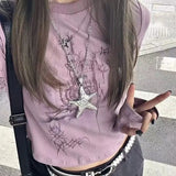 Lilideco Harajuku Graphic T Shirts Women Grunge Kpop Print Long Sleeve Tees Y2K Aesthetic Retro Casual Crop Tops 2000s Fairycore