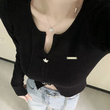 Lilideco Korean Hiphop O-neck Knitted Cardigan Y2k Grunge Long Sleeve Tops Women 2024 Spring New Slim Fit Bottoming Black Sweaters