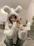 Lilideco 2025 New Lazy Fluffy Rabbit Ears Hoodie Coat Women Y2k Long Sleeve Zipper Tops Mujer Autumn Winter Thicked Warm Jackets