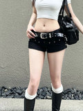 Lilideco Oversize Vintage Low-waisted Black Denim Shorts Y2k Grunge High Waist A-line Short Pants 2025 Summer New Jeans for Women