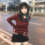 Lilideco Red Striped Pullovers Gothic Y2k Clothes Emo Girls Long Sleeve Asymmetrical Harajuku Slim Kawaii Retro Pull Femme Sweaters Chic