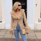 Lilideco Fashion Casual Sexy Fur Collar Knitted Tops Women Y2k Slim Fit Long Sleeved Cardigan 2025 Early Autumn New Sweaters Mujer