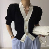 Lilideco Elegant V-neck Black White Cardigan 2024 Summer New Single Breasted Tops Women Y2k Short Sleeve All-match Knitted Sweaters