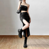 Lilideco New Chinese Style Retro Buckle Black Skirts Y2k Sexy Slim Fit Bodycon Split Skirt for Women Spring  Ruched Faldas Mujer