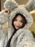 Lilideco 2025 New Lazy Fluffy Rabbit Ears Hoodie Coat Women Y2k Long Sleeve Zipper Tops Mujer Autumn Winter Thicked Warm Jackets