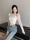 Lilideco Y2k Fairycore Lace Hollow Out Mesh Long Sleeve Cardigan Coat+ Fashion Sexy Slim Fit Vest 2025 Summer New Two Piece Sets