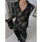 Lilideco Fashion Vintage Tie Dye Black Shirts Women 2025 Spring New Slim Fit Blouses Y2k E-Girl Long Sleeve Zipper Blusas Mujer