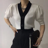 Lilideco Elegant V-neck Black White Cardigan 2024 Summer New Single Breasted Tops Women Y2k Short Sleeve All-match Knitted Sweaters