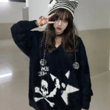 Lilideco Sweet Cool V-neck Black Sweaters Coat Women Fashion Street Skull Lazy Knitted Pullover 2024 New Mid-length Loose  Tops