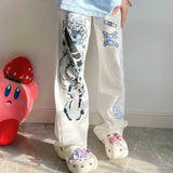 Lilideco Y2K Anime Print White Pants Women Harajuku Manga Subculture Wide Leg Trousers Japanese Style Kawaii Cartoon Sweatpants