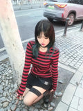 Lilideco Red Striped Pullovers Gothic Y2k Clothes Emo Girls Long Sleeve Asymmetrical Harajuku Slim Kawaii Retro Pull Femme Sweaters Chic