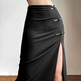 Lilideco New Chinese Style Retro Buckle Black Skirts Y2k Sexy Slim Fit Bodycon Split Skirt for Women Spring  Ruched Faldas Mujer