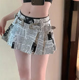 Lilideco American Printed Pleated Skirts 2024 Autumn New Low Waisted A-line Skirt for Women Y2k Grunge Faldas Mujer Newspaper