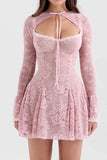 Lilideco Spring Outfits Homecoming Dress  A-Line Mini Dress with O-Neck, High Waist, Long Sleeves, and Lace-Up Detail