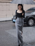 Lilideco Elegant Slit Midi Skirts Women Streetwear High Waist Suit Skirt Office Lady Korean Fashion Grey Black Slim Pencil