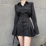 Lilideco Black Shirt Dress Women Elegant Vintage Long Sleeve Dresses Sexy Gothic Pleated Streetwear Turn-down Collar Casual Robe