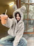 Lilideco 2025 New Lazy Fluffy Rabbit Ears Hoodie Coat Women Y2k Long Sleeve Zipper Tops Mujer Autumn Winter Thicked Warm Jackets