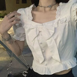 Lilideco Elegant Sweet Square Collar Bow Shirts Blouses Summer E-Girl Crop Top Ruffles  Women Y2k Grunge Puff Sleeve Blusas Mujer