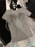 Lilideco Angel Wings Diamond O-neck White T-shirts 2024 Summer New Slim Fit Tops Women Y2k E-Girl Short Sleeve All-match Tee Shirt