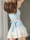 Lilideco Harajuku Sweet Plaid Bow Camisole Vest+ Y2k E-Girl High Waist Patchwork Ruffles Skirts 2025 Summer New Two Piece Sets