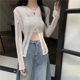 Lilideco Elegant Vintage Hole Hollow Out Cardigans Y2k E-Girl Slim Fit Knitted Tops Women 2025 New Sleeve Sun Protection Coat Sweater