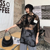 Lilideco Japanese O-neck Oversize Tee Shirt Summer Sexy See Through Mesh Lace T-shirt Y2k E-Girl Short Sleeve Bottoming Tops Women