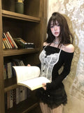 Lilideco Lace Patchwork Long Sleeve T-shirt for Women 2025 Early Autumn New Black Tops Mujer Y2k Slim Fit Off Shoulder Tee Shirt