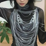 Lilideco Fashion Pearl Printed Black T-shirt for Women Y2k Mesh Long Sleeve Bottoming Tops  2025 Summer New Slim Fit Tee Shirt